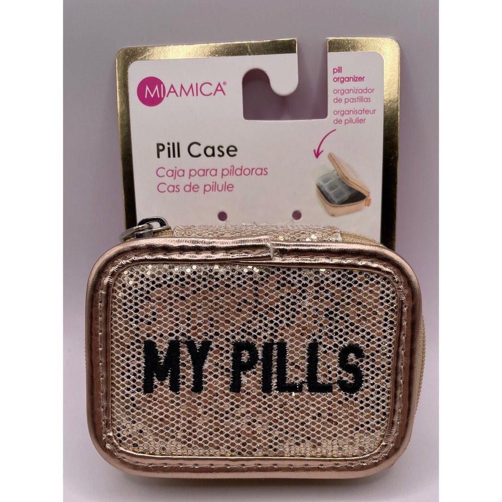 Miamica Pill Case Rose Gold Glitter Travel Organizer Sparkly Bling Mon-Sun